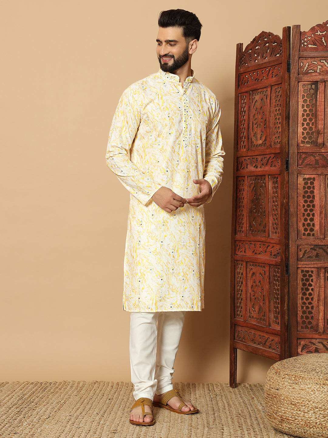 Yellow Flora Print Kurta with Mirror Work for Men