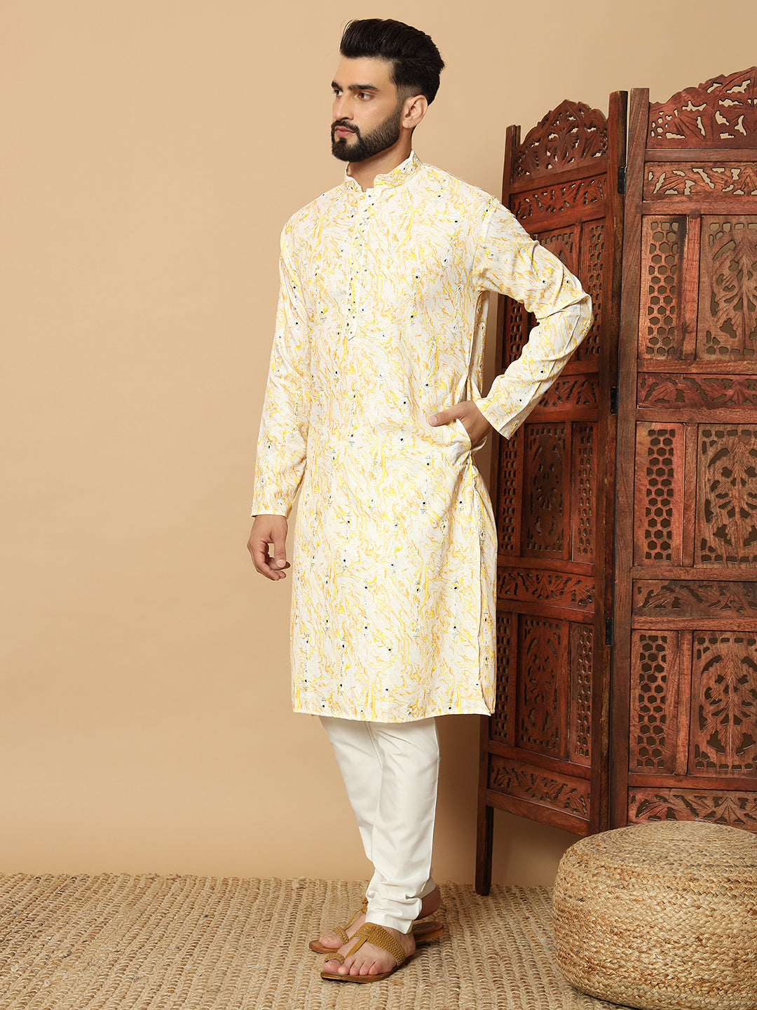 Yellow Flora Print Kurta with Mirror Work for Men