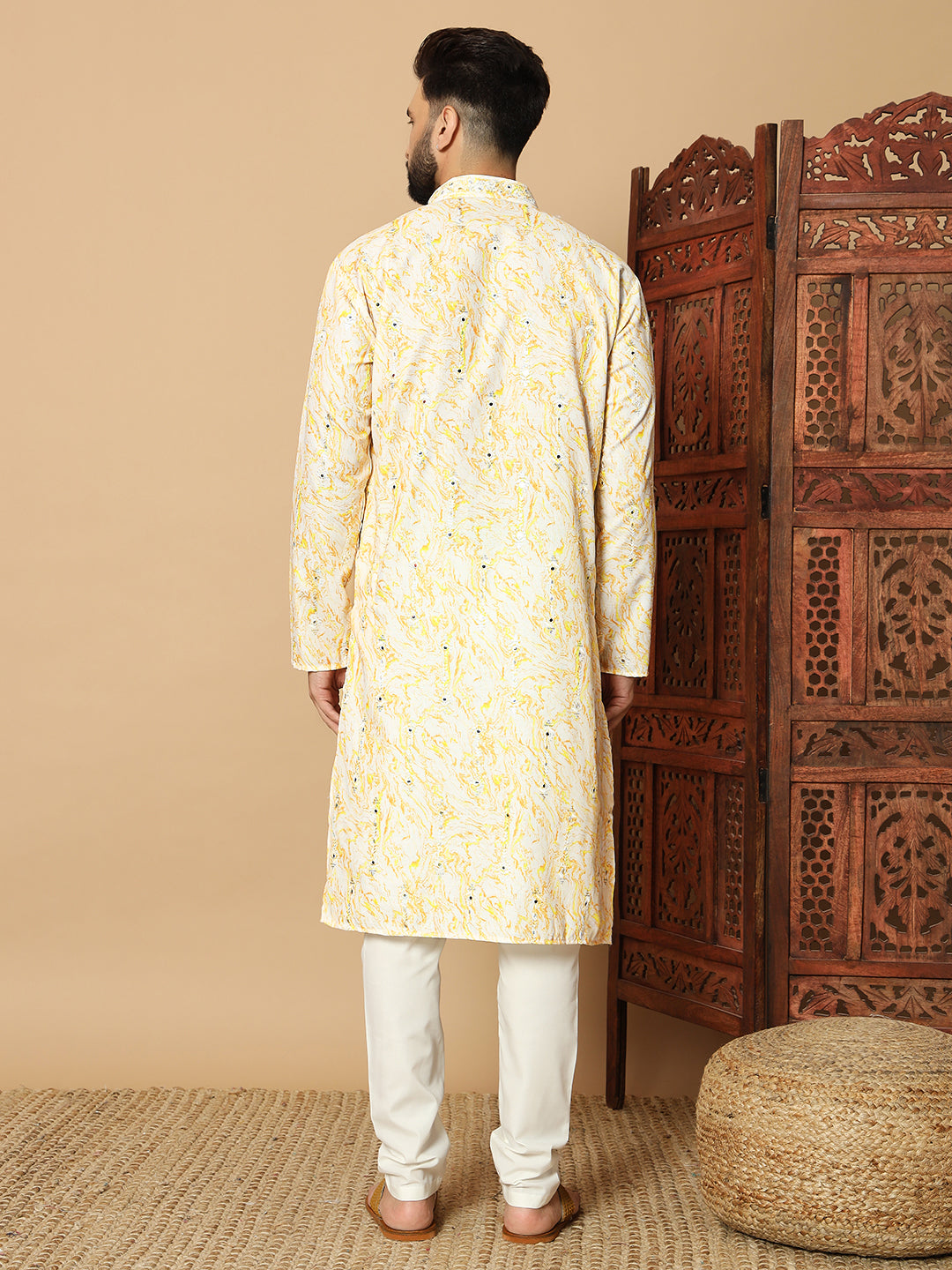 Yellow Flora Print Kurta with Mirror Work for Men