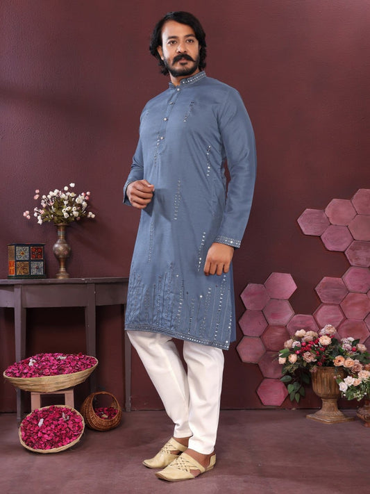 steel blue Handcrafted Mirror Work Silk Kurta for Men (Limited Edition)
