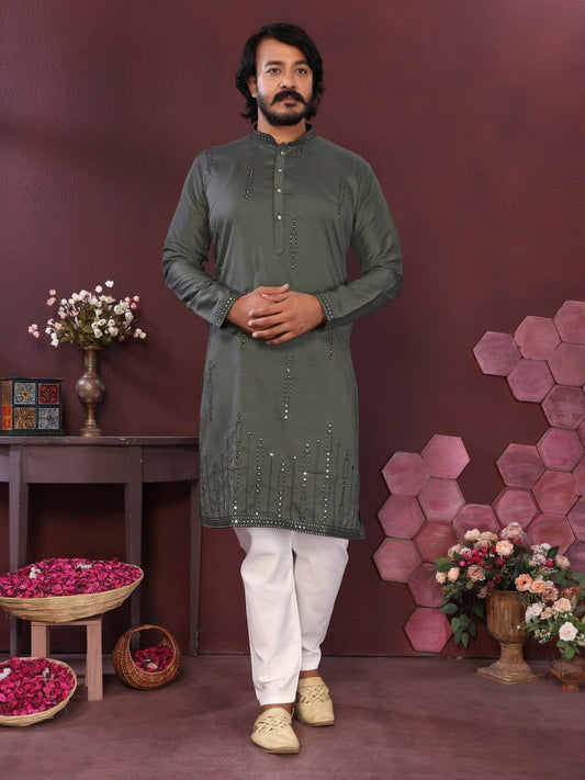 mehndi Handcrafted Mirror Work Silk Kurta for Men (Limited Edition)