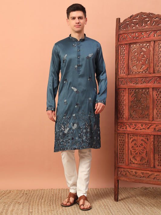 teal regal – Embroidered Kurta with Bird Motif for Men