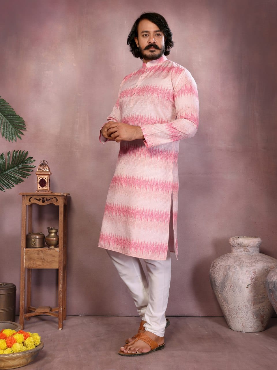 Blush Pink Ikat crochet Printed Kurta for Men