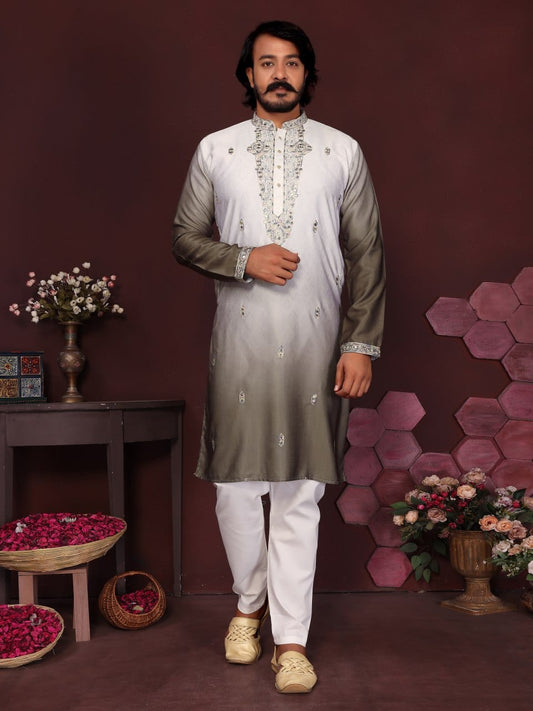 deep melvet mehndi Embroidered Silk Kurta for Men
