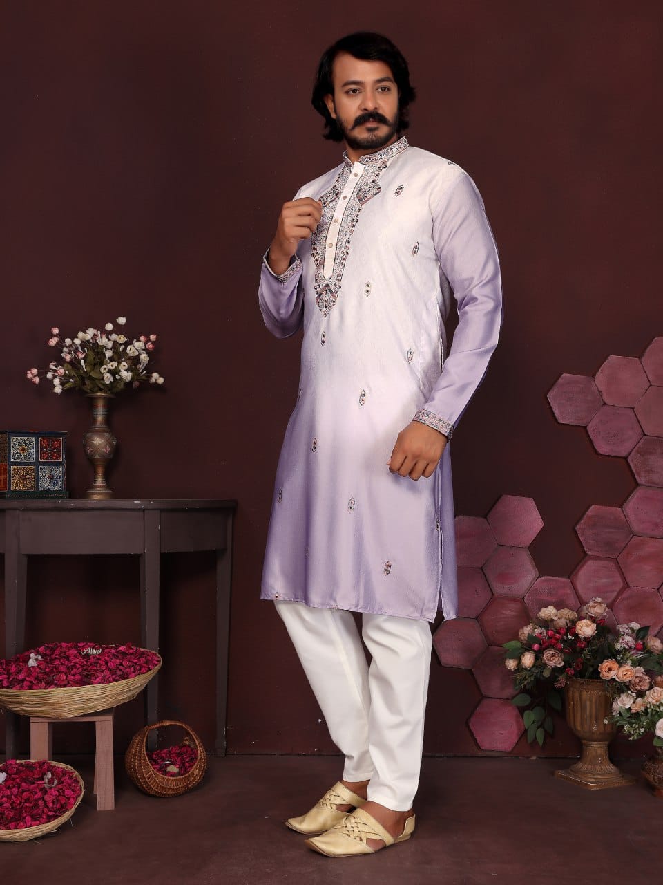 light lavender  Embroidered Silk Kurta for Men