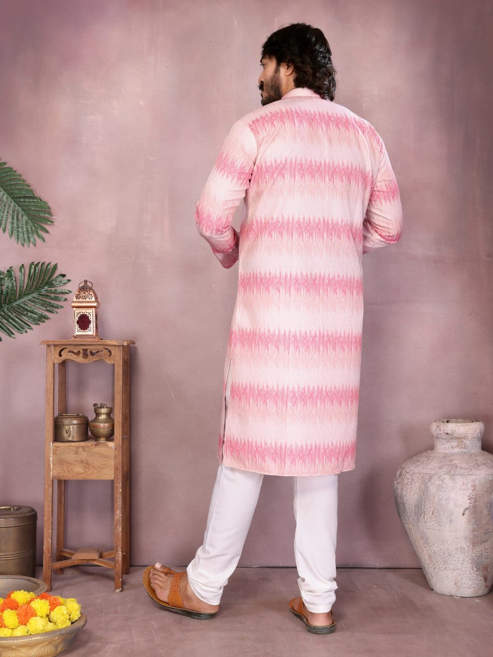 Blush Pink Ikat crochet Printed Kurta for Men