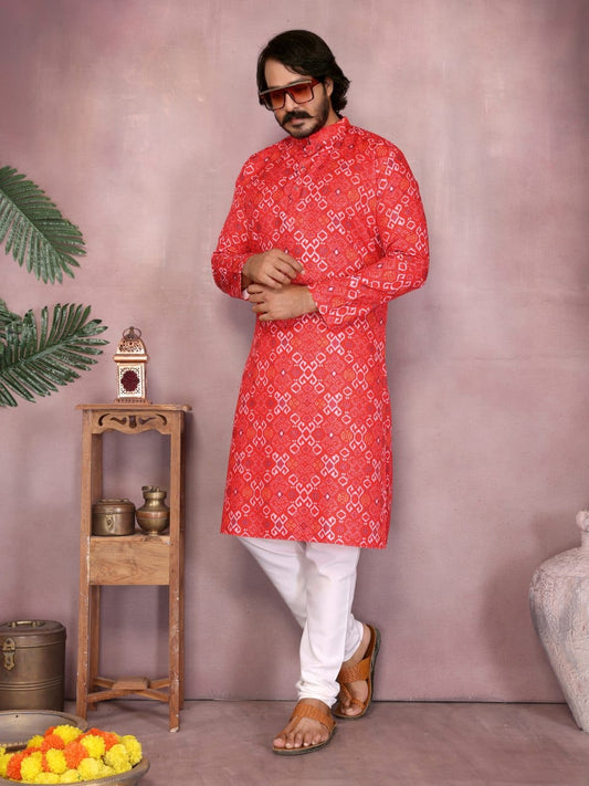 Red Bandhani Print Kurta for Men (Polyester)