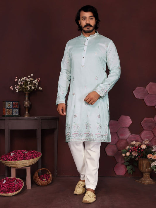 Powder Blue Embroidered Silk Kurta for Men