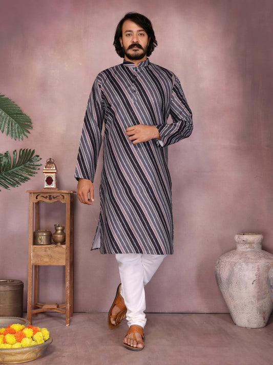 midnight grey crochet & printed Striped Kurta for Men