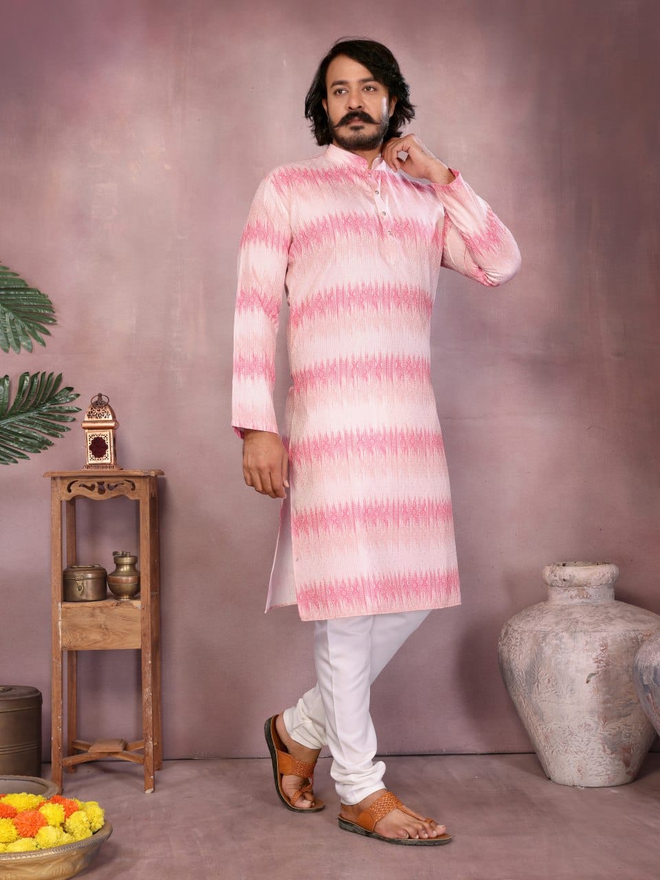 Blush Pink Ikat crochet Printed Kurta for Men