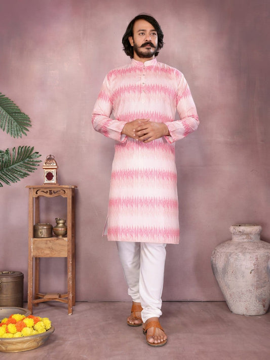 Blush Pink Ikat crochet Printed Kurta for Men